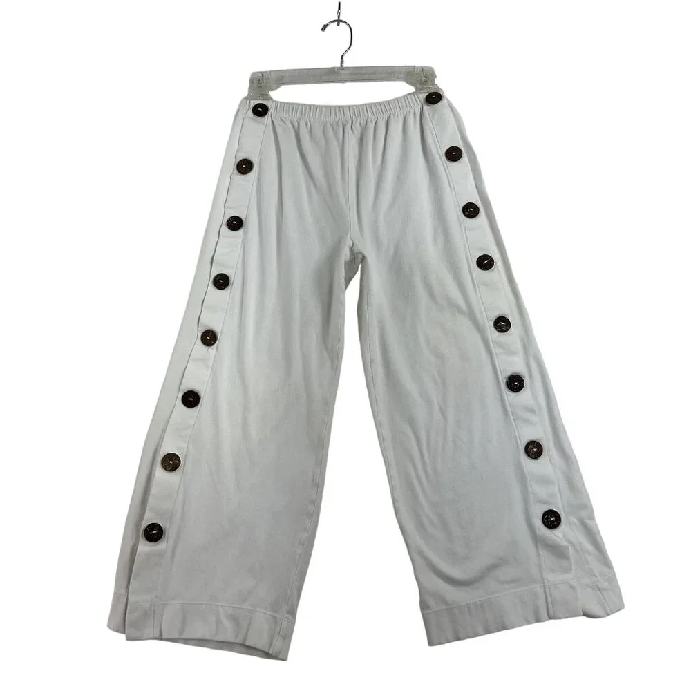 Soft Surroundings Womens S Newport Beach Pants White Wood Buttons Crop Wide Leg - Picture 10 of 13